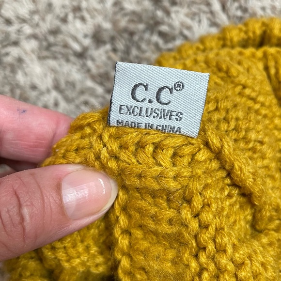 C.C Winter Beanie Mustard Yellow with Faux Fur Pom - Picture 5 of 5